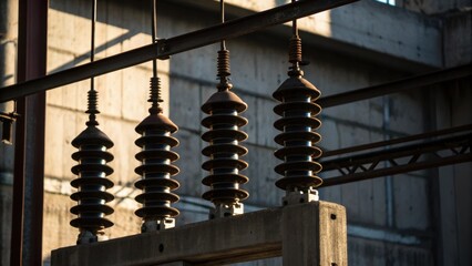 The image focuses on a halffinished vertical frame where multiple insulators dangle precariously awaiting their connections. The interplay of light and shadow creates a dramatic