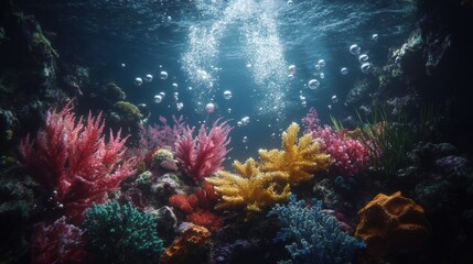 Naklejka premium Vibrant coral reef underwater scene, bubbles rising, sunlit surface, aquarium background