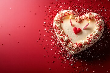 Heart-Shaped Cake with Candles on Red Background Surrounded by Sprinkles, Ideal for Valentine's Day Celebration and Simple Decorative Touches
