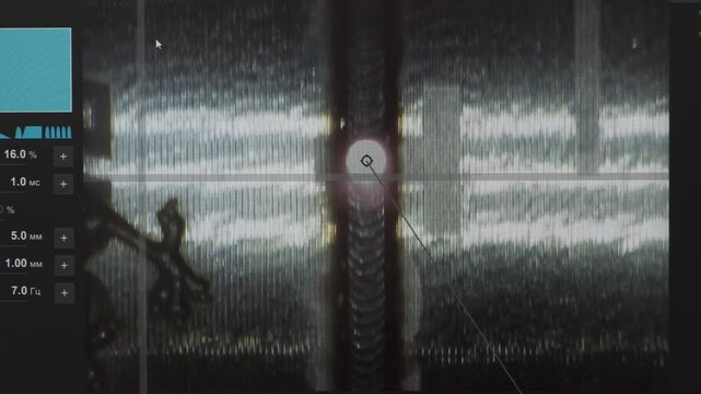 Close-up of laser and x-ray testing of weld quality on metal pipe
