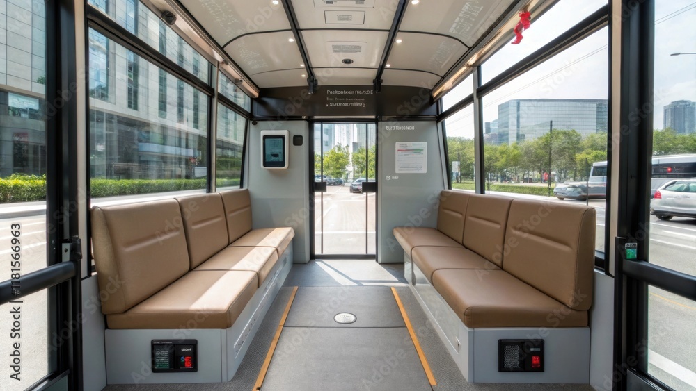Poster the interior of a modular bus stop reveals a spacious waiting area with comfortable seating and buil