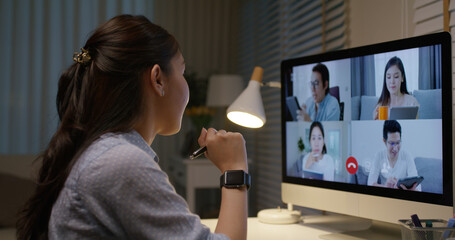 Happy smile asia young talent woman learn mba college class on webcam video call in desktop screen...