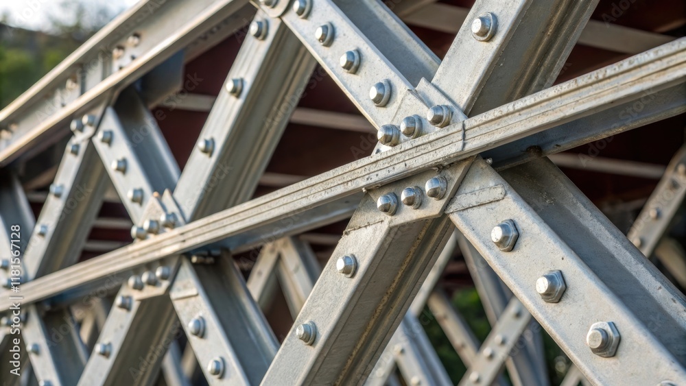 Poster The interlocking segments of steel trusses form a latticelike configuration with each joint tightly secured with bolts that glimmer under the harsh worksite lights. Close