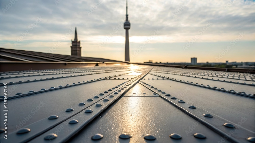 Aufkleber The interplay of light and shadow is highlighted on a newly installed steel panel with rivets and seams prominently visible indicating the progress of the assembly while the