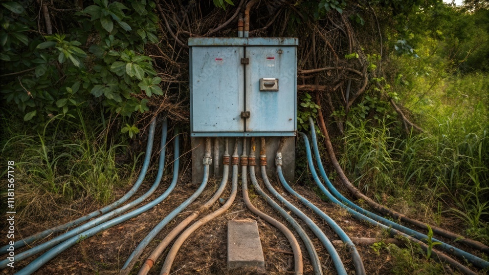 Poster The intricate maze of cables and conduits emerges from the ground converging at a rustic utility box partially concealed by overgrown weeds. The box itself is painted a faded blue