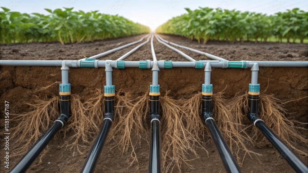 Aufkleber The intricate network of underground irrigation pipes is visible through a transparent section of soil revealing the organized layout that allows for precise water distribution.