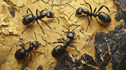Close-up of four black ants on textured gold surface.