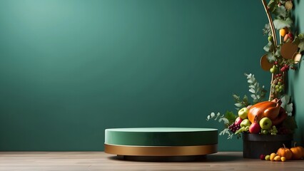 round podium banner with empty space, Green luxury Thanksgiving vibes theme background