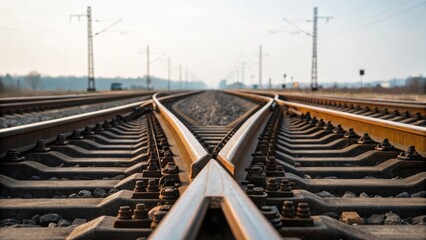 Fototapeta premium The intricate intersection of two rail lines captured in sharp focus highlighting the detailed craftsmanship of the switch points complete with wear patterns and fresh lubrication