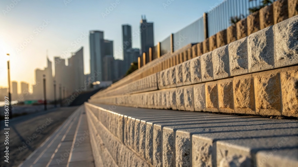 Poster The photo captures the interplay of light and shadow on a multisectional retaining wall with intricate surface textures and subtle color variations from gray to almost beige. In