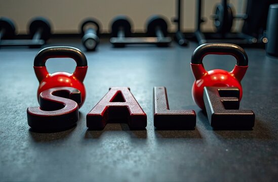Kettlebells and sale letters arranged on gym floor during fitness equipment promotion