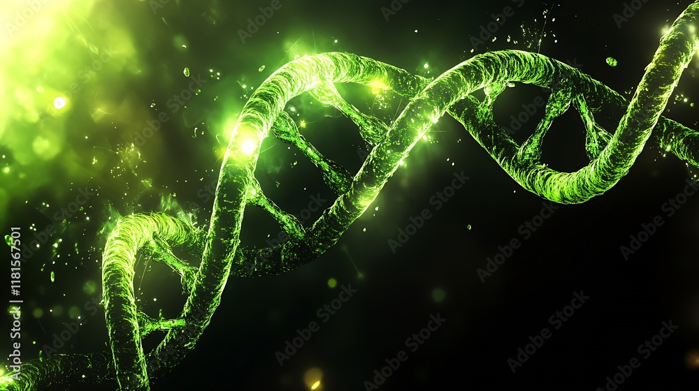Poster glowing green dna helix on blurred black background with light particles : generative ai