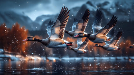 Geese Fly Over Lake Scenic View Winter Snow