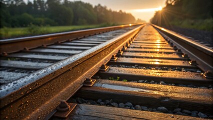 Fototapeta premium The rich colors of the wooden sleepers are accentuated in the soft morning light with dew drops clinging to their rough surfaces. The polished rails stand in stark contrast