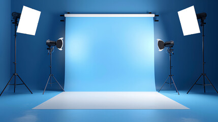 Professional Photography Studio Setup with Blue Backdrop and Lighting Equipment for Creative Photo Shoots