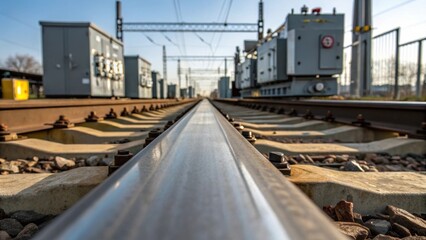 Fototapeta premium The surface of an electrified rail showcasing the smooth metallic finish while the electrification gear appears in the background shrouded in industrial grime and electrical