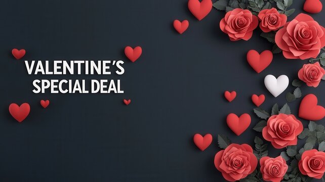 Valentine's special deal banner. A romantic design featuring red roses and hearts, promoting a Valentine's special deal on a dark background.
