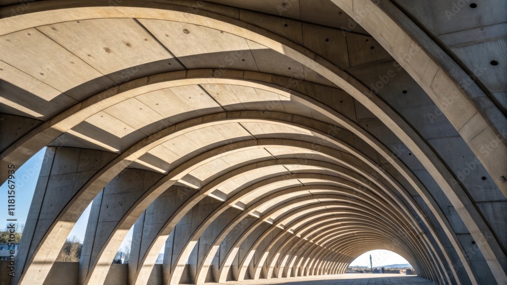 Poster The underside of a precast concrete arch displays the geometric simplicity of its curved forms. Light casts elegant shadows revealing the seamless joints and the strength of the