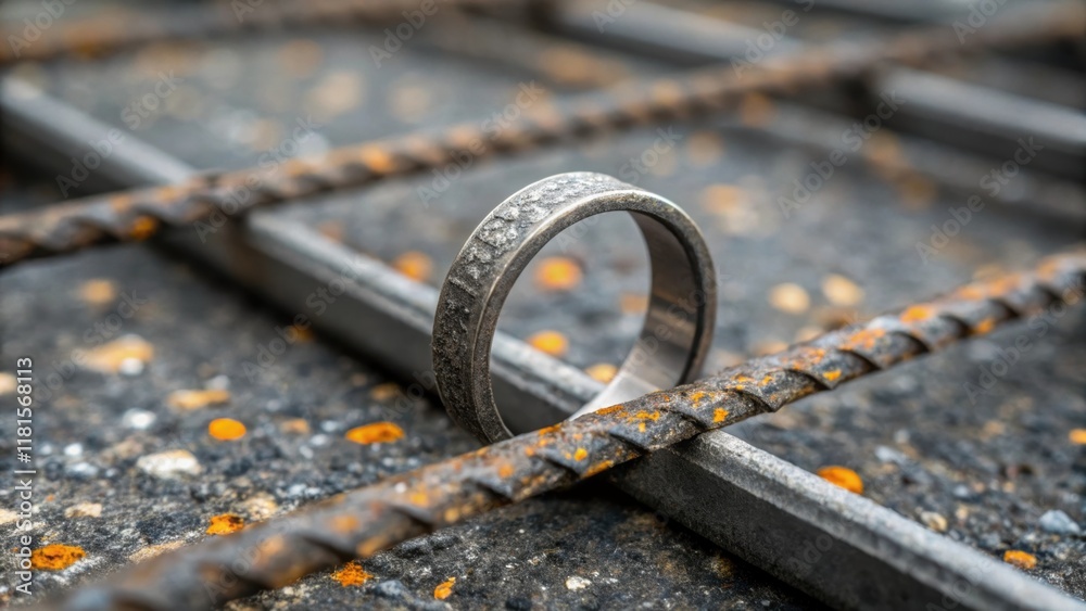 Poster This closeup showcases a single reinforcement ring emphasizing the fine details of its surface which is marked by the rigors of construction and transportation. Small chips and