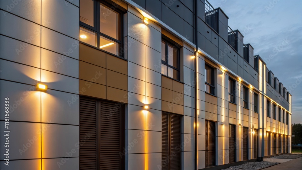 Poster This shot captures the meticulous alignment of modular cladding panels accented with accent lighting. The panels radiate a warm glow at dusk illuminating the facade and