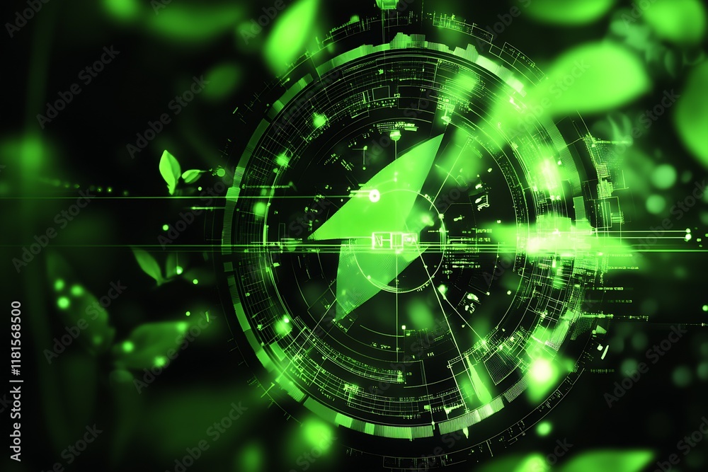 Poster Futuristic Technology Background with Green Digital Compass Interface Data Visualization : Generative AI