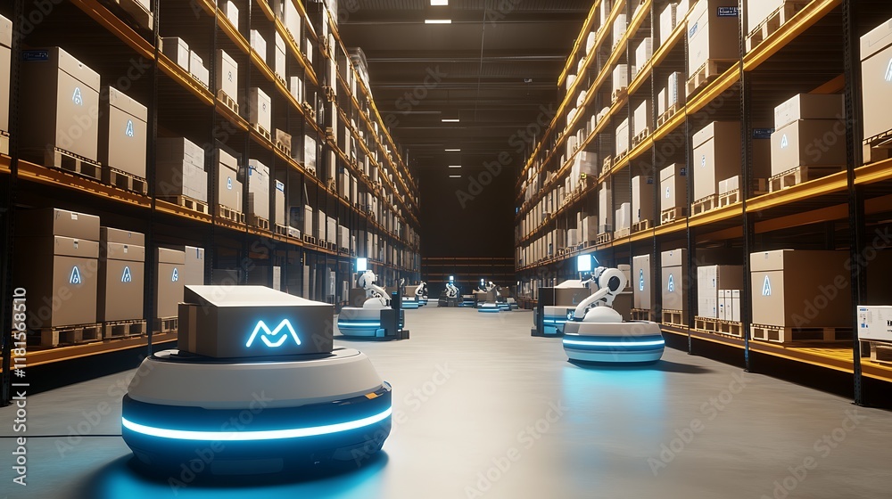 Leinwandbilder Automated Robotics in High-Tech Warehouse with Stacked Boxes and Packages : Generative AI