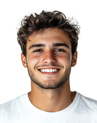 Fototapeta premium Smiling man with wavy brown hair, white teeth, cheerful confident look, casual style portrait, natural beauty and happy expression isolated on transparent background