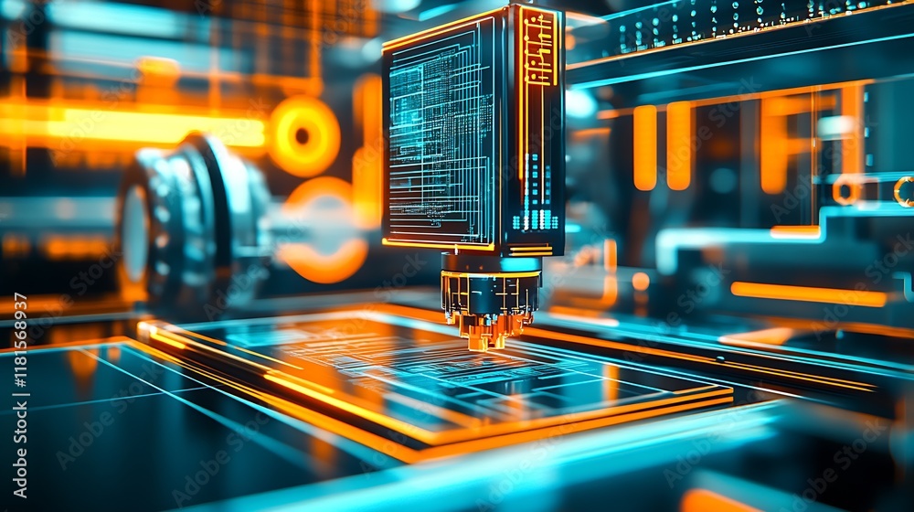 Poster futuristic circuit technology in neon orange and blue for innovative design : generative ai