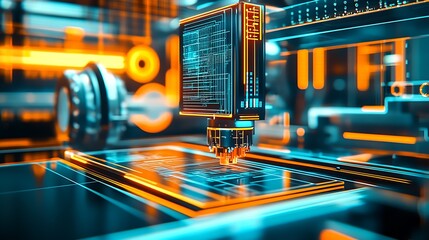 Futuristic Circuit Technology in Neon Orange and Blue for Innovative Design : Generative AI