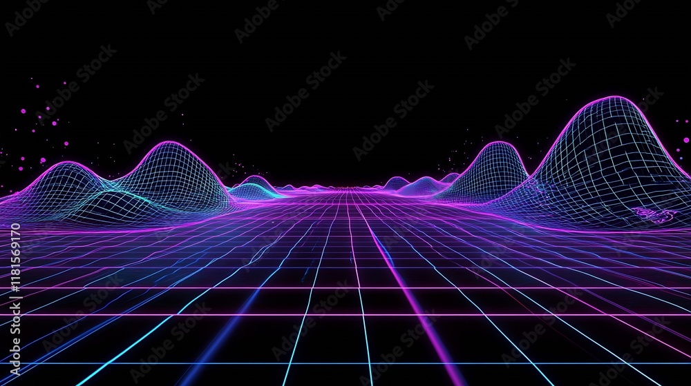 Poster retro-futuristic neon grid landscape with vibrant digital waves on a dark background : generative ai
