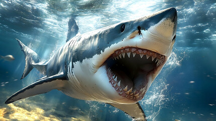 Naklejka premium Great White Shark Swims in Deep Ocean Waters Aggressively