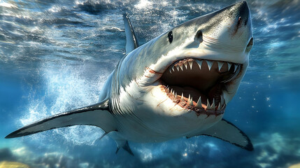 Obraz premium Great White Shark Hunts in Deep Blue Ocean Waters Aggressively