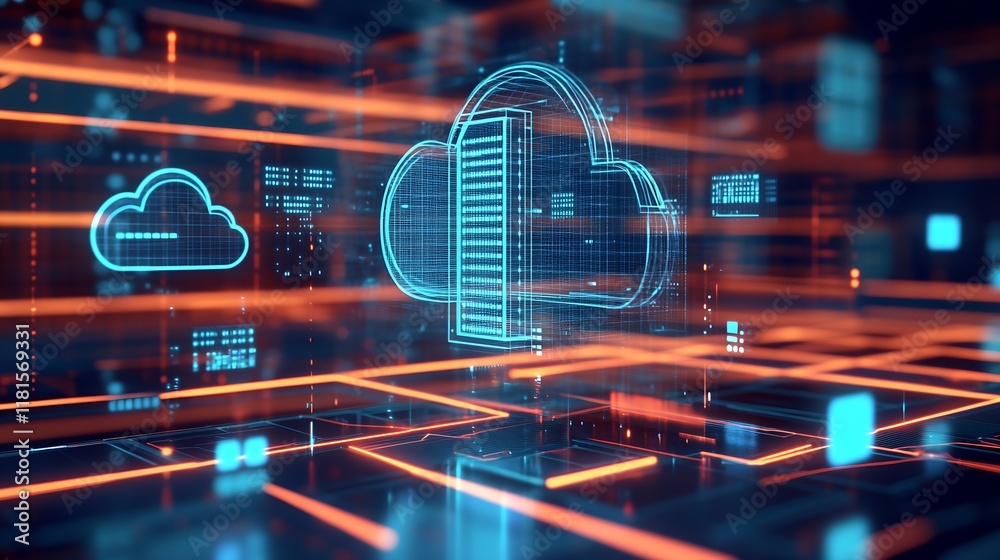 Aufkleber Futuristic Virtual Cloud Computing Network with Digital Data Storage : Generative AI