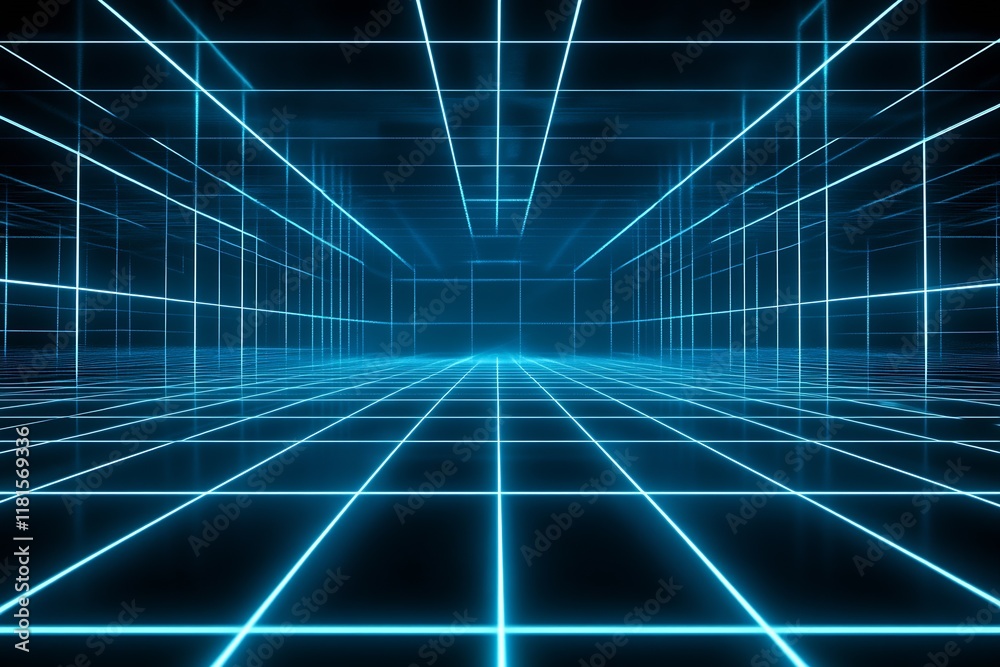 Poster Digital Grid Background with Blue Neon Light Creating a Futuristic Cyber Space : Generative AI