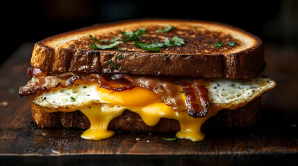 Grilled Cheese Sandwich with Bacon, Egg, and Melted Cheese on Toasted Bread