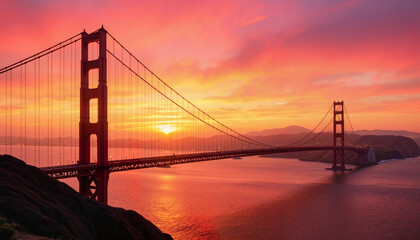 Fototapeta premium Golden Gate Bridge at sunset with vivid orange sky