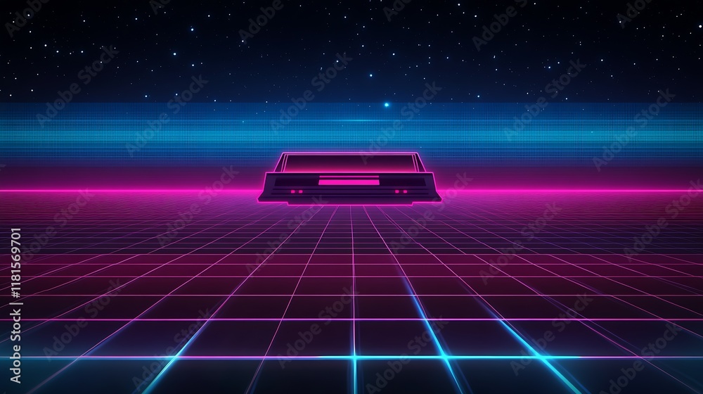 Poster Retro Futuristic Neon Grid with Floating Console in Starry Night Sky : Generative AI