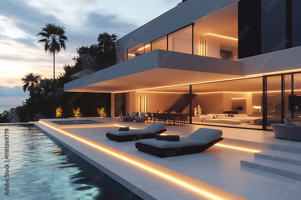 Poster Modern luxury villa with pool and ambient lighting at dusk tropical setting : Generative AI