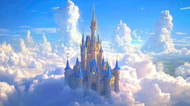 A majestic fantasy castle floating on clouds, featuring towering spires and turrets surrounded by a vibrant blue sky and lush greenery below