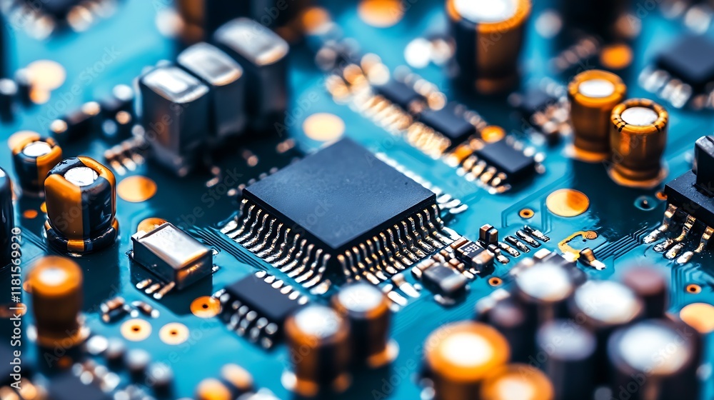Aufkleber Macro View of Microchip on Circuit Board Illustrating Advanced Electronic Technology : Generative AI