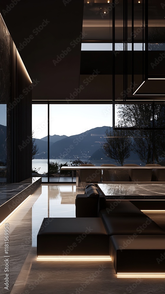 Poster sleek modern interior design with panoramic views and elegant minimalist furniture : generative ai