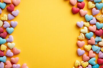 Obraz premium Vibrant Minimalist Valentine Background with Colorful Heart Shapes on a Bright Yellow Surface Perfect for Romantic Themes and Celebrations