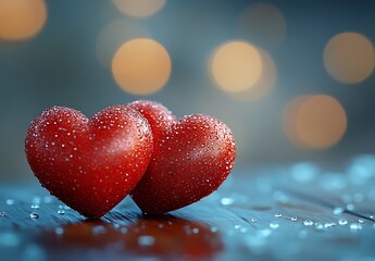 Fototapeta premium Two Red Hearts on a Table on Blurry Background for Valentine Day