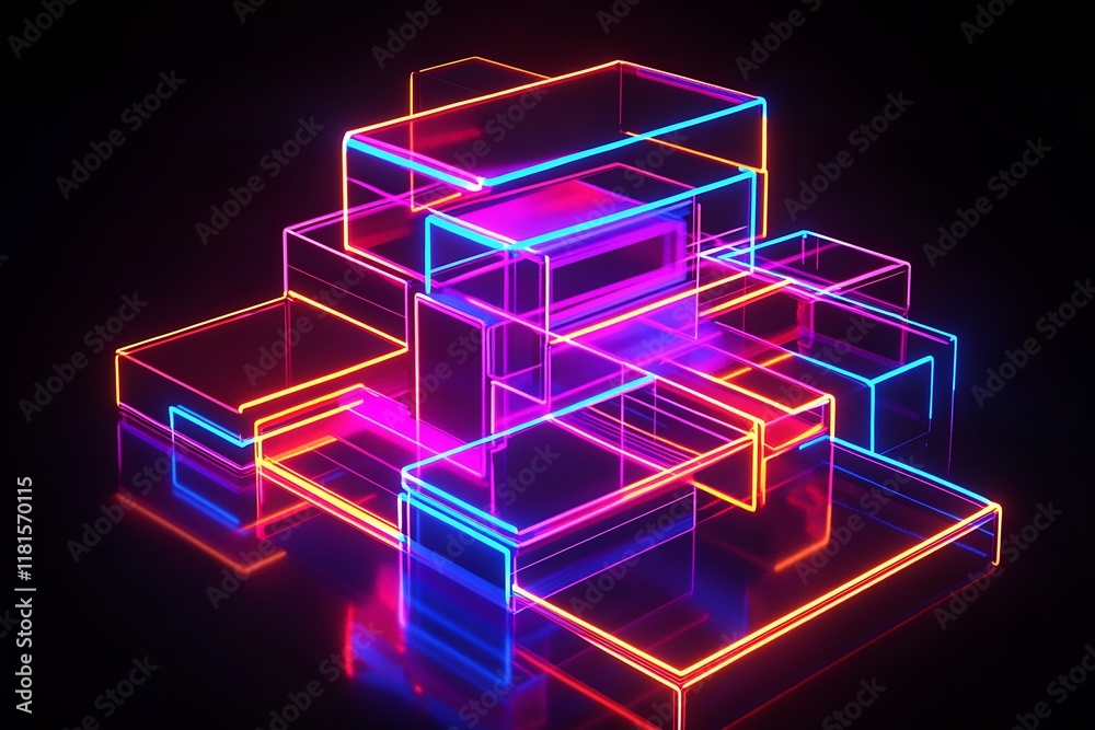 Poster vibrant neon cubes abstract art for modern digital background : generative ai