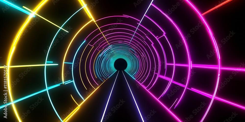 Poster Vibrant Neon Lit Tunnel with Circular Design Perfect for Futuristic Backgrounds : Generative AI