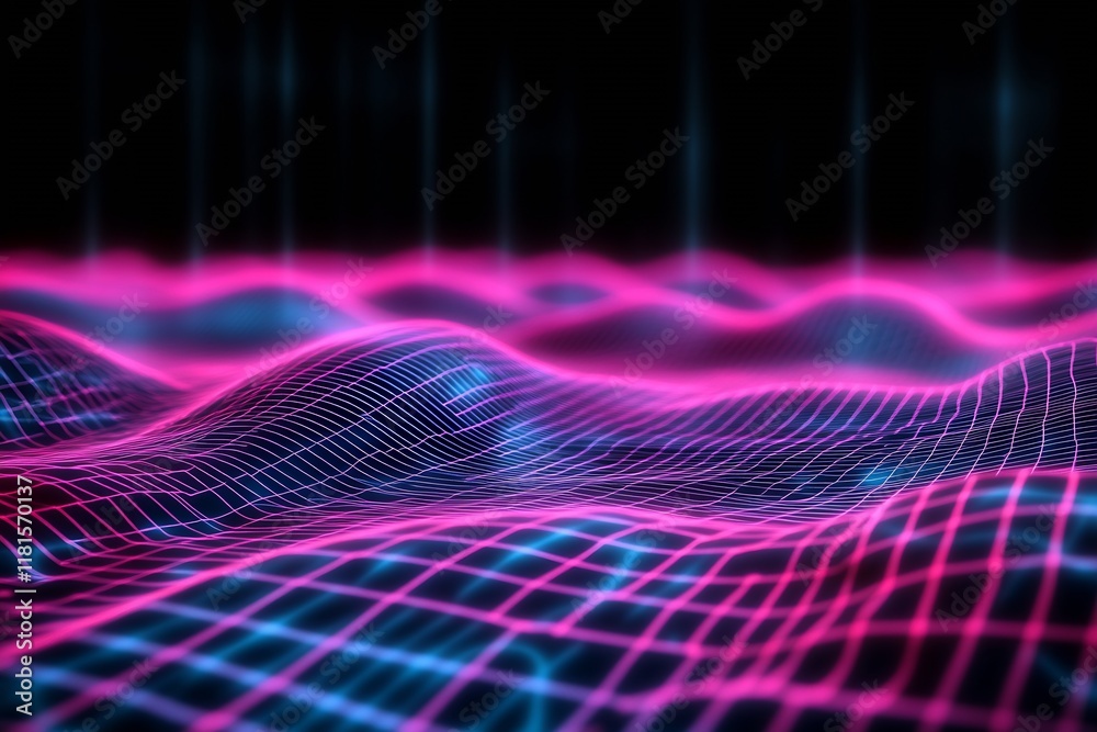 Fototapete Abstract Neon Grid Waves Creating 3D Effect on Dark Background : Generative AI