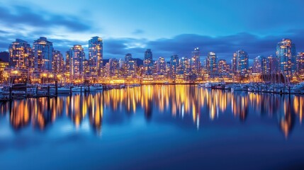 Fototapeta premium A metropolitan skyline glowing with life, its vibrant lights reflecting in a calm harbor at blue hour