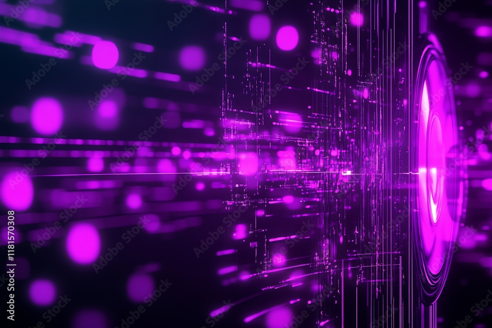 Poster Vibrant purple abstract digital artwork depicting futuristic illuminated lines and dots : Generative AI