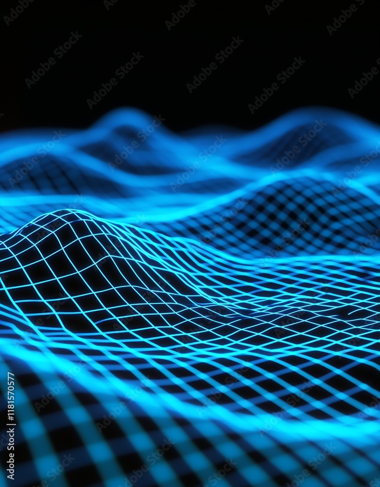 Aufkleber Abstract Blue Neon Waves with Grid Pattern on Black Background Conceptual 3D Illustration : Generative AI