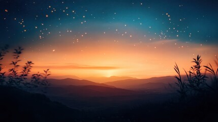 Naklejka premium Majestic Mountain Sunset with Starry Sky and Floating Lanterns, Tranquil Evening Landscape.
